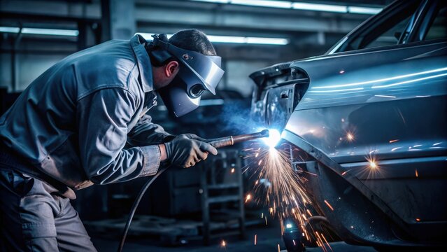 Auto Body Technician Welding a Car in a Shop
