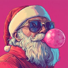 Cool Santa Claus with Heart Sunglasses and Bubblegum