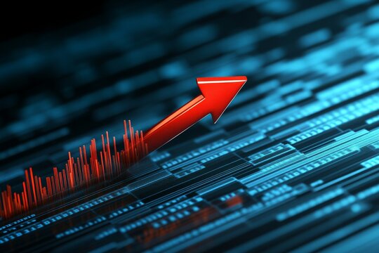 Red arrow pointing upwards on a digital background with stock market chart