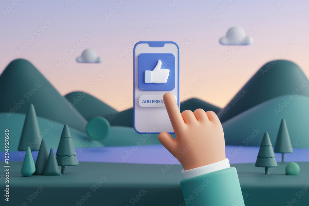 Poster a hand interacting with a smartphone displaying a like button, set against a serene landscape of hil