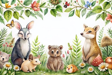 Charming Woodland Creatures Watercolor Border with Hedgehog, Fox, Bear, Rabbit, Mouse, Badger, and Lush Greenery for Creative Design Projects