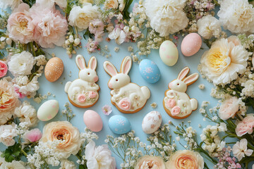 Whimsical Easter-themed flat lay with bunny-shaped cookies, pastel eggs, and spring flowers.