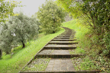 View of the steps leading to the Castle of Padenghe sul Garda, Brescia, Italy