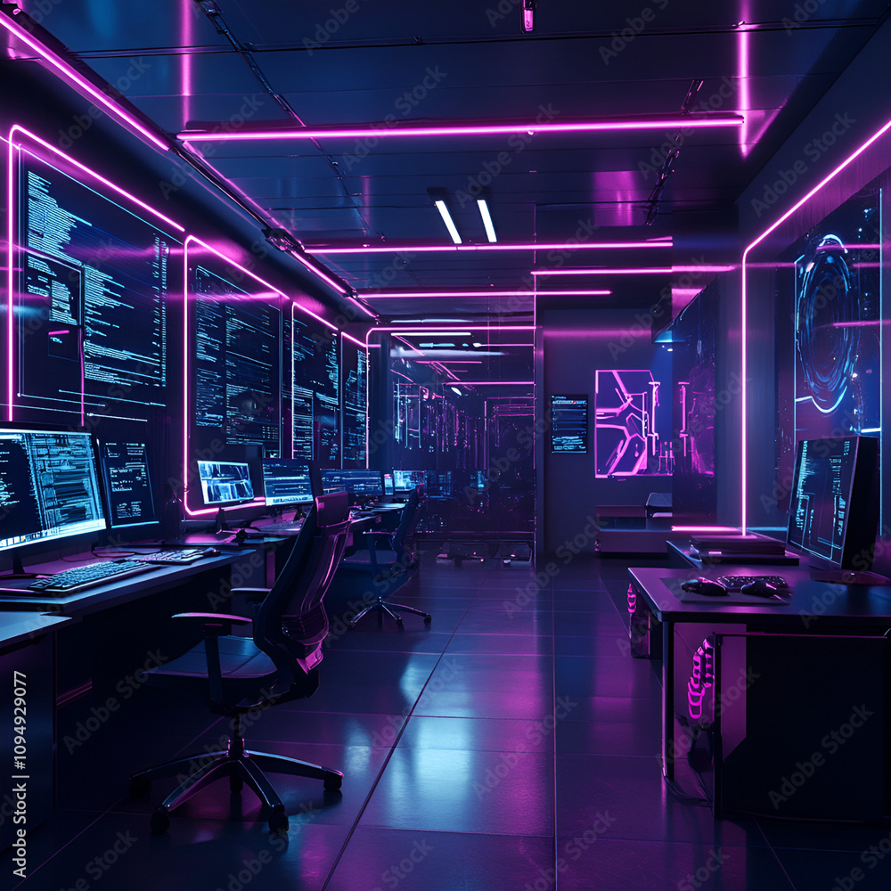 Poster cybersecurity operations in futuristic control room tech environment digital art modern viewpoint in