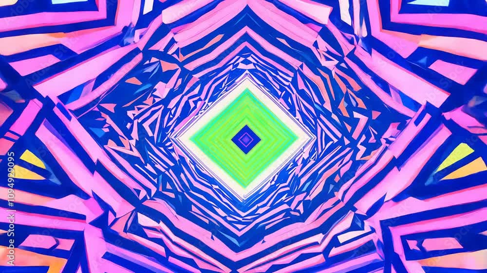 Poster vibrant video of rotating geometric shapes, creating a kaleidoscope effect with camera movement and 