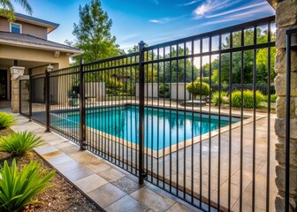 Close-Up Architectural Photography of a Fenced Pool Area Highlighting Textures and Safety Measures to Prevent Unsupervised Access to Water for Enhanced Home Security