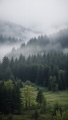 Calming forest landscape with misty greens adds peaceful natural vibe