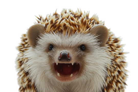 Hedgehog Defense: A close-up portrait of a prickly hedgehog, its mouth open in a defensive display, showcasing its sharp spines and determined expression, isolated