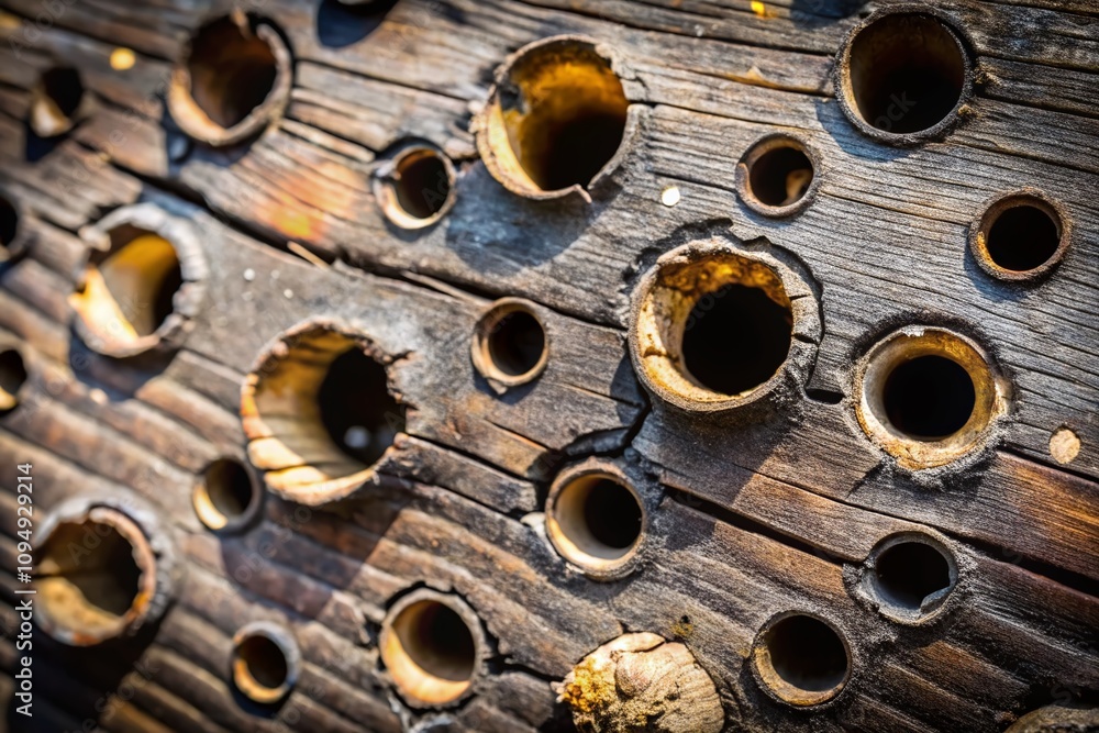 Poster close-up exploration of bullet holes in various surfaces capturing the intricacies of damage and tex