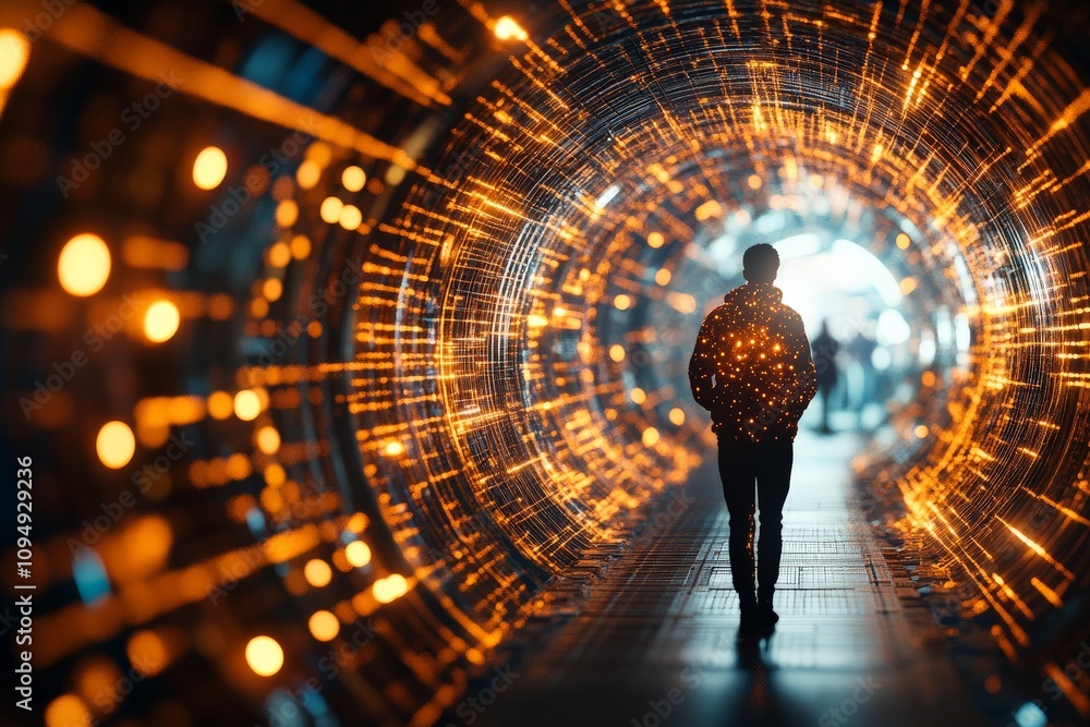 Aufkleber a silhouette of a person traversing a luminescent tunnel reflects the journey through a digital worl