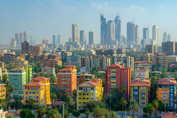 Vibrant Cityscape: Colorful Buildings Rise Against a Skyline of Modern High-rises Under a Clear Sky