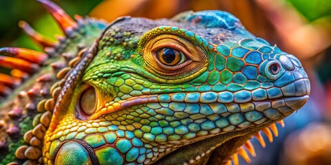 Fototapeta premium Close-Up Marvels of Iguana Species: Captivating Macro Photography Showcasing Vibrant Colors and Intricate Details of Various Iguana Types in Their Natural Habitats