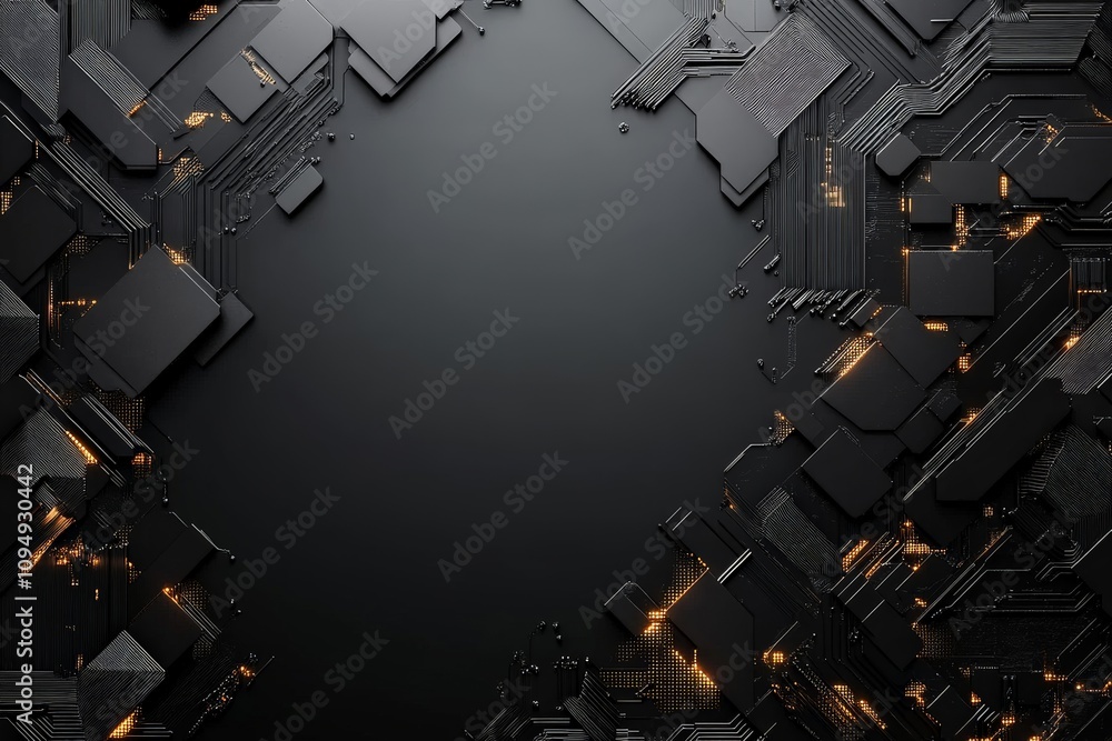 Poster a high-tech circuit board design with interconnected elements and glowing accents, representing tech
