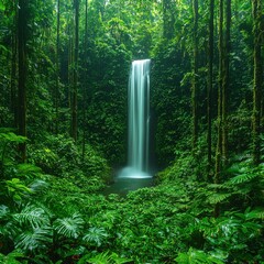 Stunning Waterfall in Lush Green Jungle Forest with Ferns, Cascading Water, Tropical Nature, and Serene Natural Environment Capturing Breathtaking Scenic Beauty