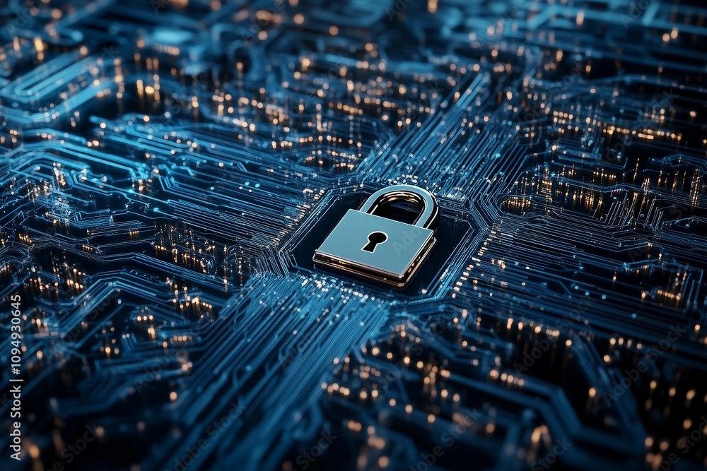 Poster a digital lock on a circuit board, illustrating the concept of security and privacy in technology, s