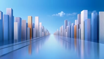 Futuristic cityscape with skyscrapers and glowing windows reflecting on glass square at sunset