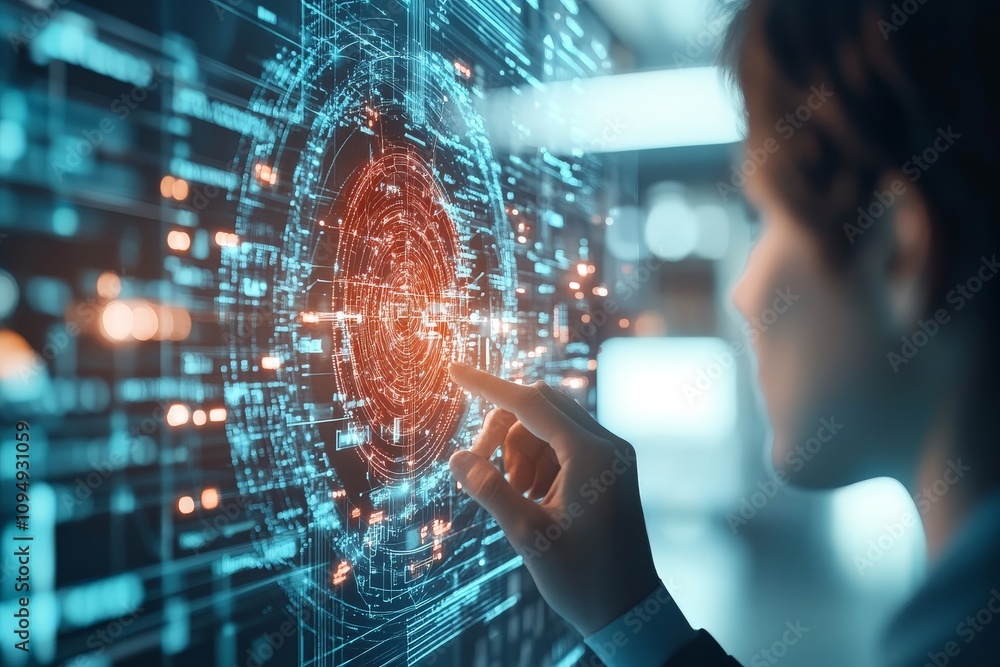 Poster a person interacts with a high-tech holographic interface showcasing digital touch and futuristic in