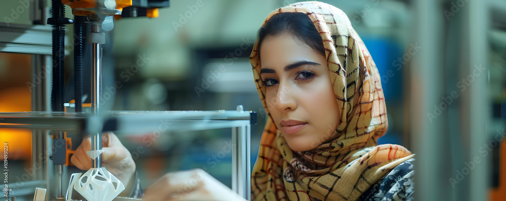 Poster Woman in headscarf intently operates a 3D printer, carefully monitoring the creation of a detailed plastic object in a workshop setting.