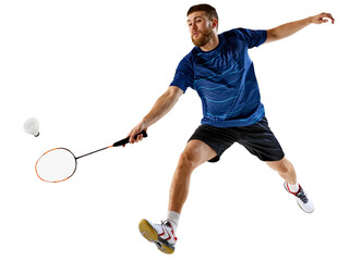 Male player reaches out to hit shuttlecock with precision against transparent background. His quick...