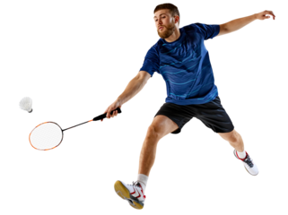 Male player reaches out to hit shuttlecock with precision against transparent background. His quick reflexes and agility, as he bends into game. Concept of professional sport, movement, motion. Ad