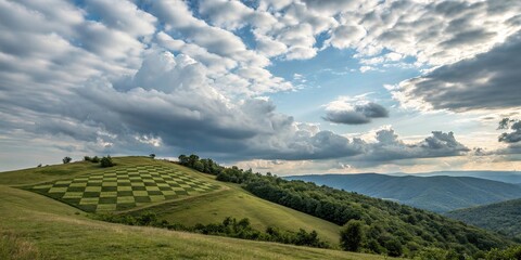 cloudy sky above a chequered hillside, landscape, hill, natural world, earthwork, hillside