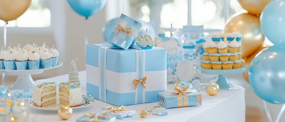 Celebration event blue and silver themed birthday party indoor venue dessert table display festive atmosphere elegant setup concept for memorable gatherings