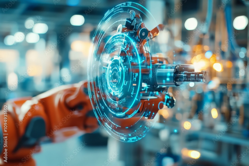 Aufkleber an industrial robotic arm engages with a digital interface in a factory setting, revealing the advan