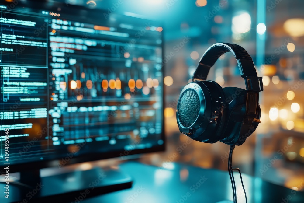 Poster a high-tech workspace featuring a computer monitor displaying data and a pair of sleek headphones, s