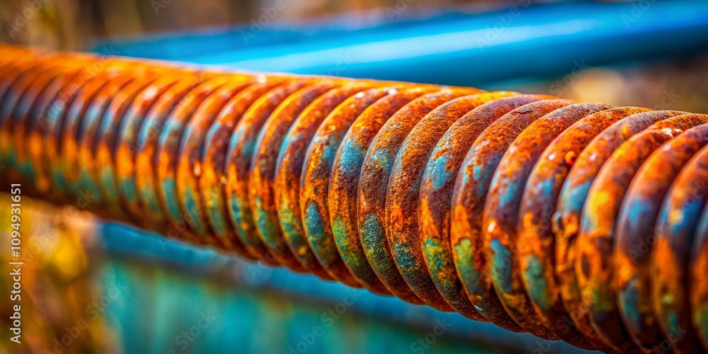 Poster close-up of a rusty metal rod with shallow depth of field, highlighting textures and corrosion, perf