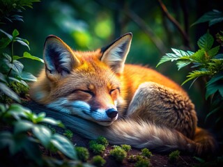 Close-Up of a Serene Red Fox Sleeping Peacefully in the Woods Under Soft Moonlight, Captured in Beautiful Low Light Photography