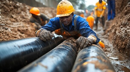 Workers install underground pipes for utilities and infrastructure development. 8k Resolution