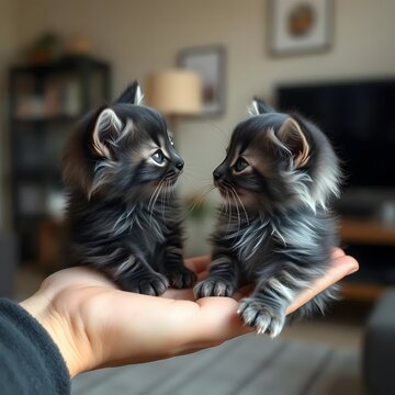 Dos adorables gatitos de pelaje oscuro posan en la palma de una mano, mostrando su ternura y curiosidad