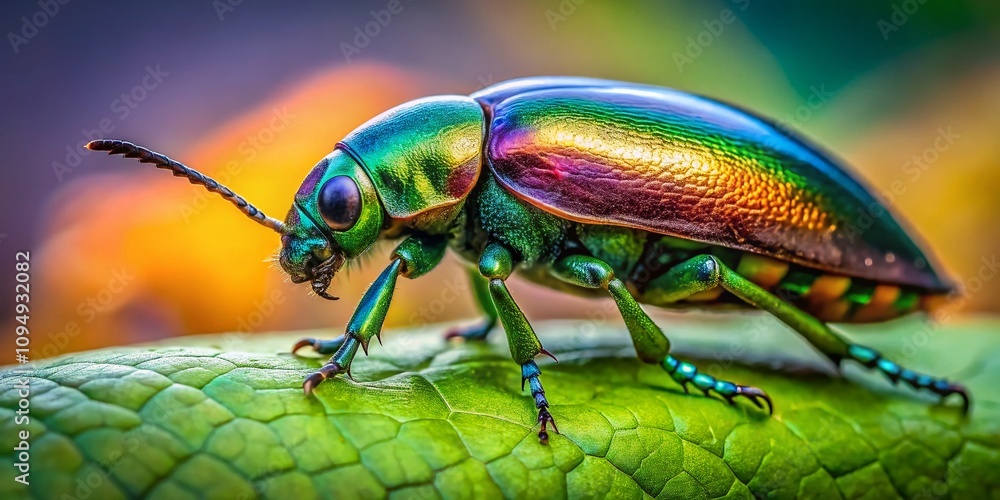 Poster close-up of a vibrant beetle bug resting on a leaf with natural background and ample copy space for 