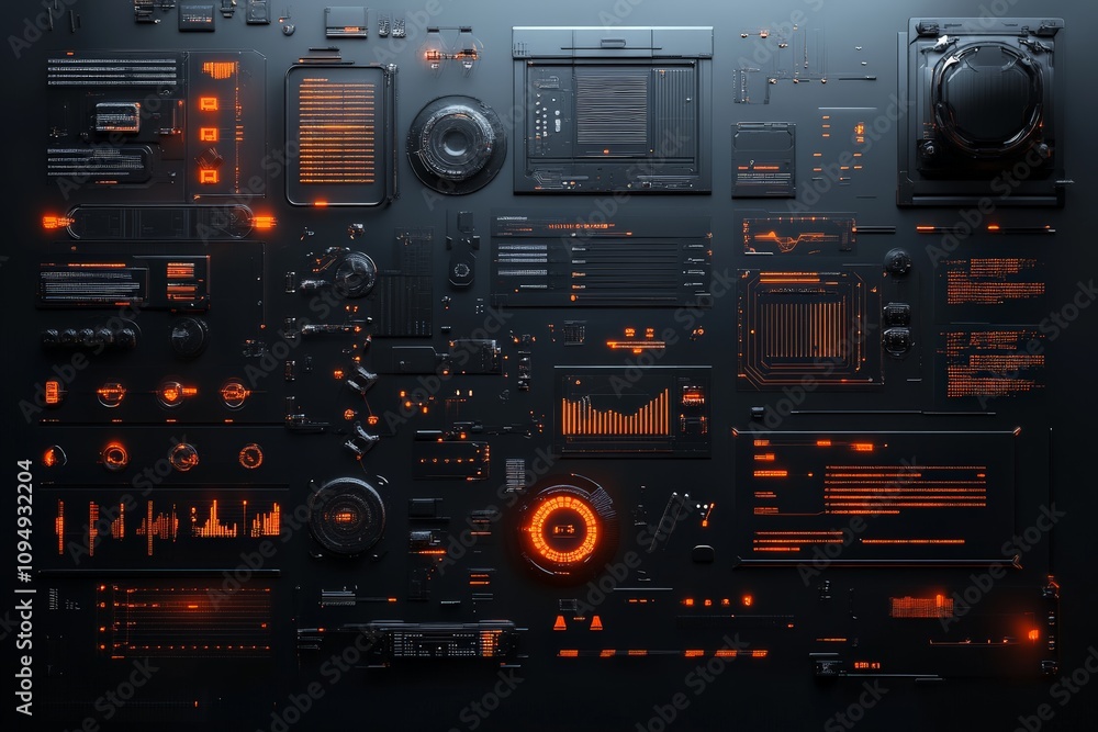 Poster a sophisticated dashboard features data graphs and controls, portraying technological advancement, d