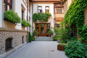 Naklejka premium Charming Residential Courtyard with Lush Greenery, Flower Pots, and Classic Architectural Details of a Renovated Urban Building.