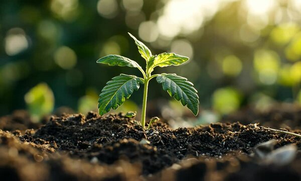 A small green plant with five leaves growing out of dark soil, with blurred green background.