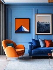 Modern Living Room Decor Featuring Blue Walls and Orange Furniture
