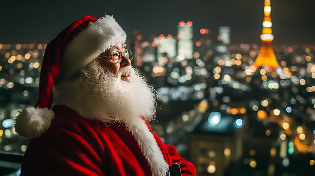 Santa Claus stands joyfully gazing over a Tokyo cityscape illuminated by festive lights at night. The scene captures the magical essence of the holiday season.