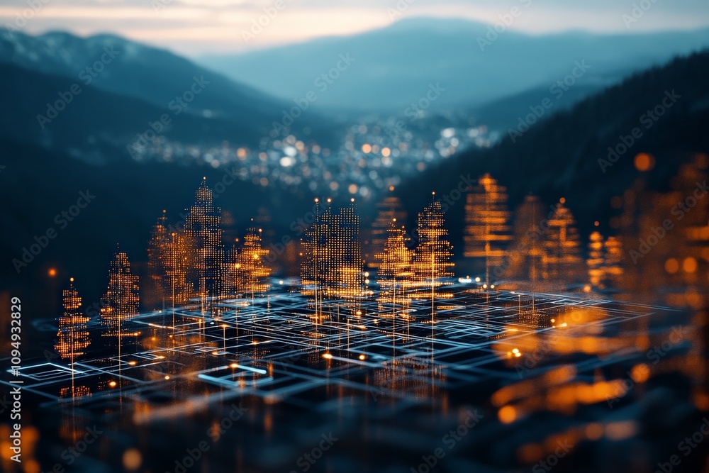 Poster the image portrays a digital visualization of trees emerging from a networked grid overlay, seamless