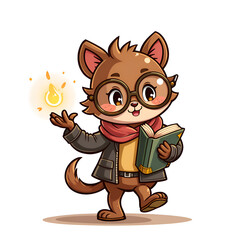 Fototapeta premium A charming feline scholar with glasses and a magical glow, digital illustration of character design concept.
