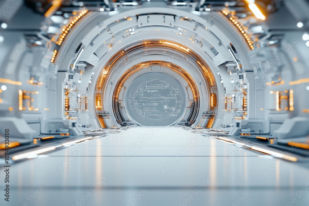 Poster a detailed futuristic corridor with intricate circular designs and glowing patterns, representing ad