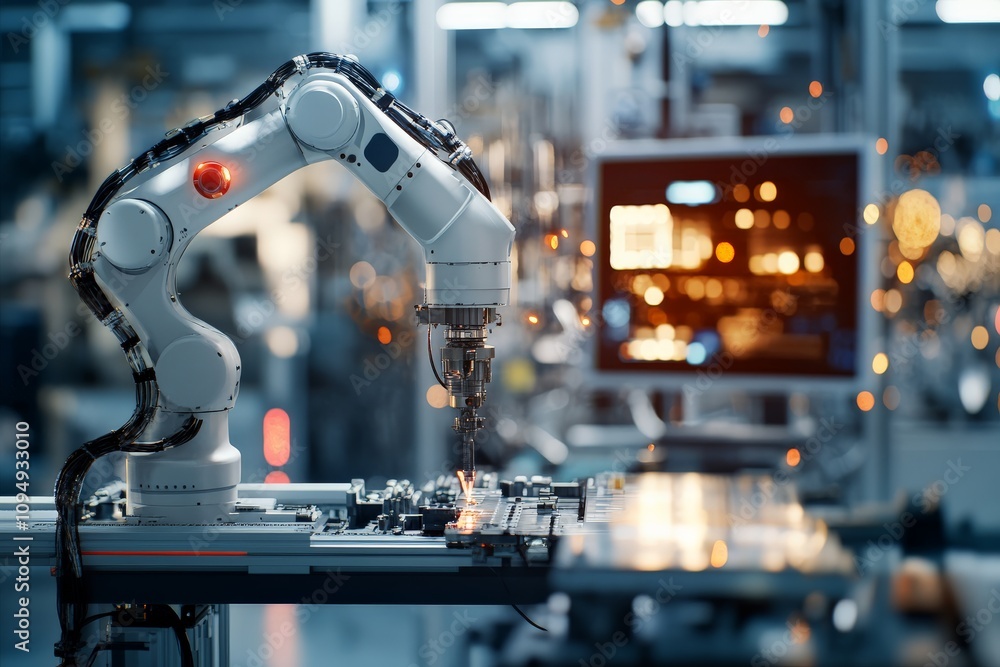 Poster a robotic arm operates with precision, assembling intricate electronic components in a state-of-the-