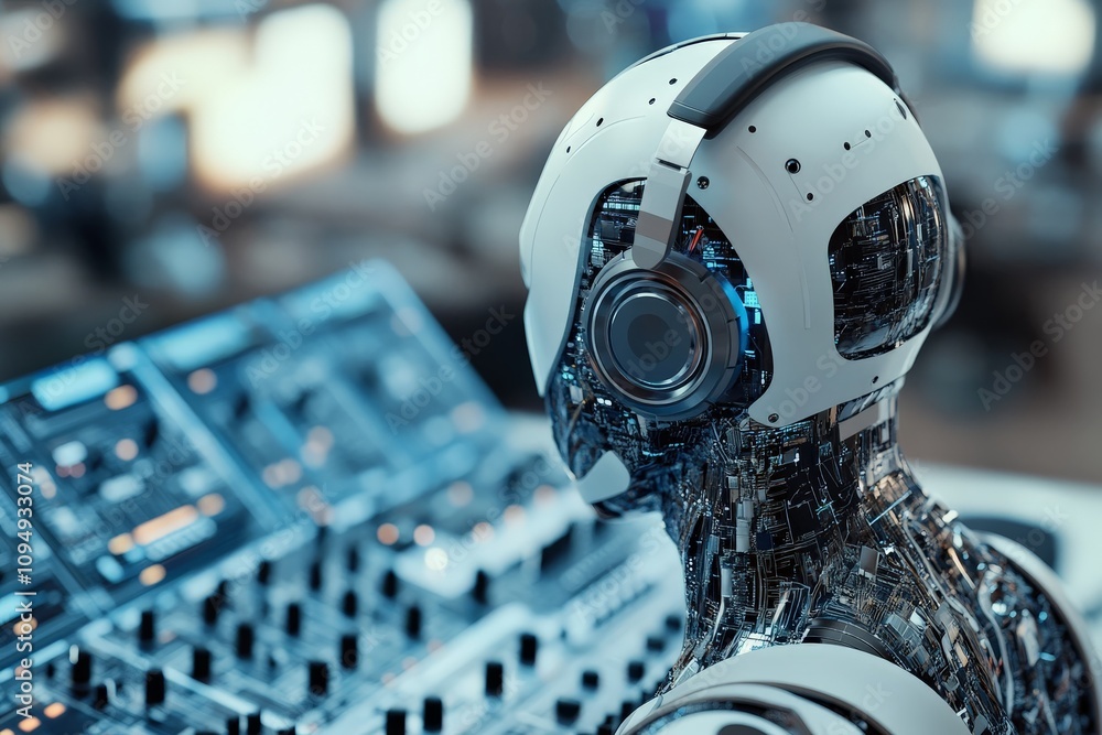 Poster an ai-driven robot equipped with headphones controls an intricate sound panel in a high-tech studio,