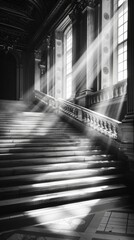 Sunlight shining through the windows of a building onto a set of stairs