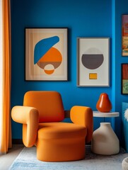 Orange armchair in a blue room with abstract art