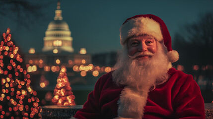 Santa Claus in Washington D.C. With Festive Christmas Trees - A perfect blend of holiday spirit and iconic landmarks.