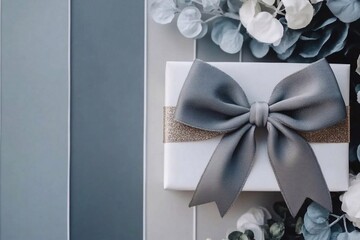 A carefully wrapped gift box in navy blue and silver sits atop a stylish decorative tray surrounded by floral elements, creating a warm and inviting atmosphere