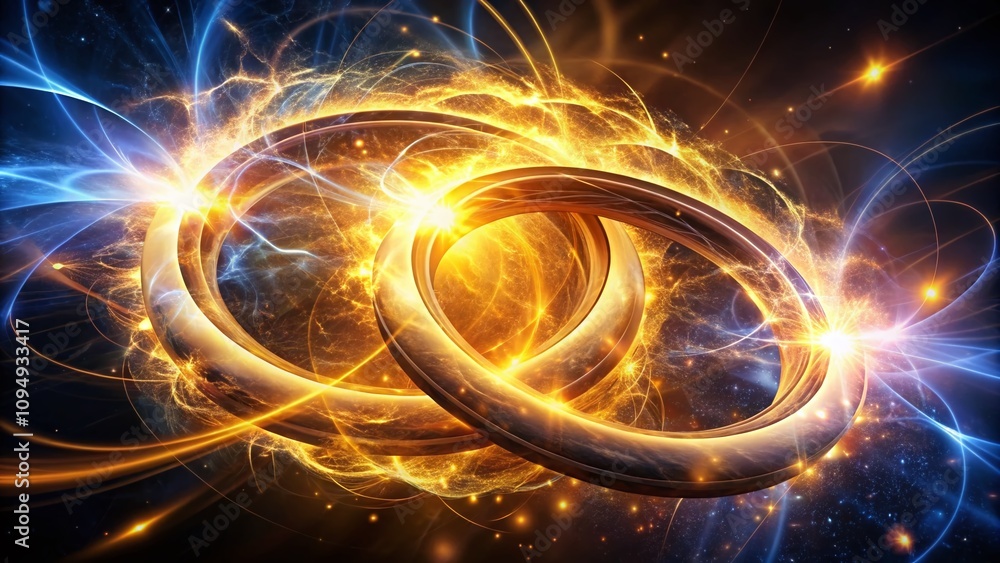 Poster close-up of luminous golden rings pulsating with electric energy and crackling tendrils of light cre