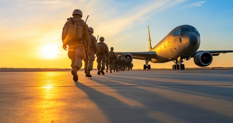 Hundreds of soldiers in full gear walking towards air force plane on tarmac