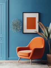 Modern Interior Design Featuring Orange Chair And Blue Walls